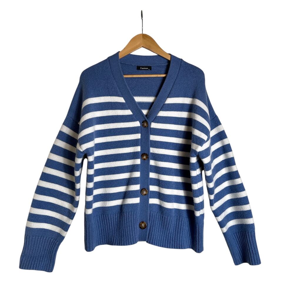 Blue White Striped Knit Cardigan XL Button Front Cozy Sweater
